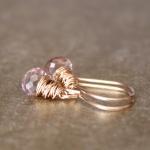 Pink Quartz Yellow Gold Earrings Wirewrapped..