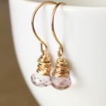 Pink Quartz Yellow Gold Earrings Wirewrapped..