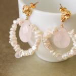 Cream Keishi Pearl Rose Quartz Earrings Gold..