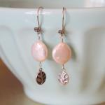 White Coin Pearl Sterling Silver Leaf Charm Dangle..
