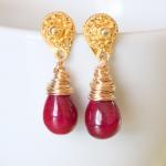 Polished Smooth Red Ruby Teardrop Gold Filigree..