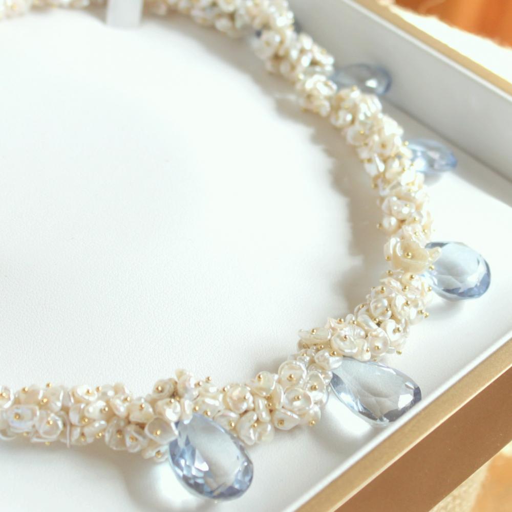Seymour--sky Blue Topaz And Cream Keshi Pearl Gold Fill Necklace