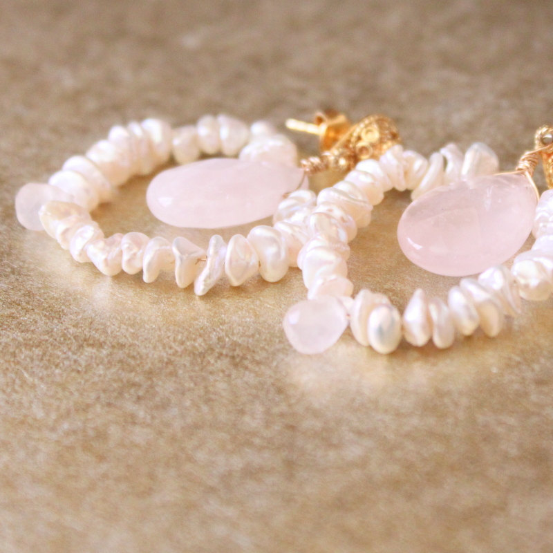 Cream Keishi Pearl Rose Quartz Earrings Gold Vermeil Ear Posts Bridal Bridesmaid Earrings