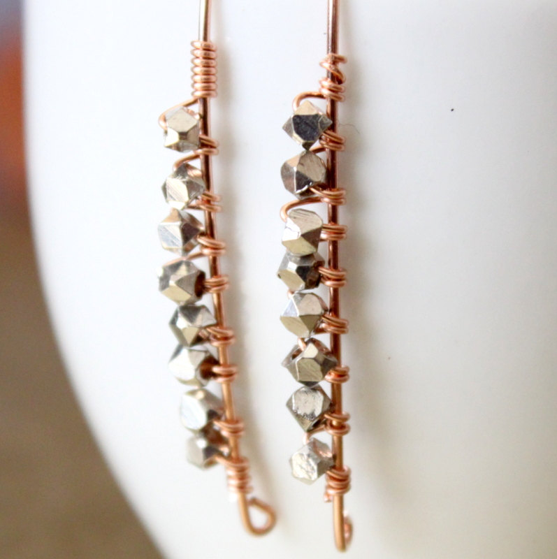 Bali Sterling Nugget Bead Rose Gold Earrings Long Marquise Wire