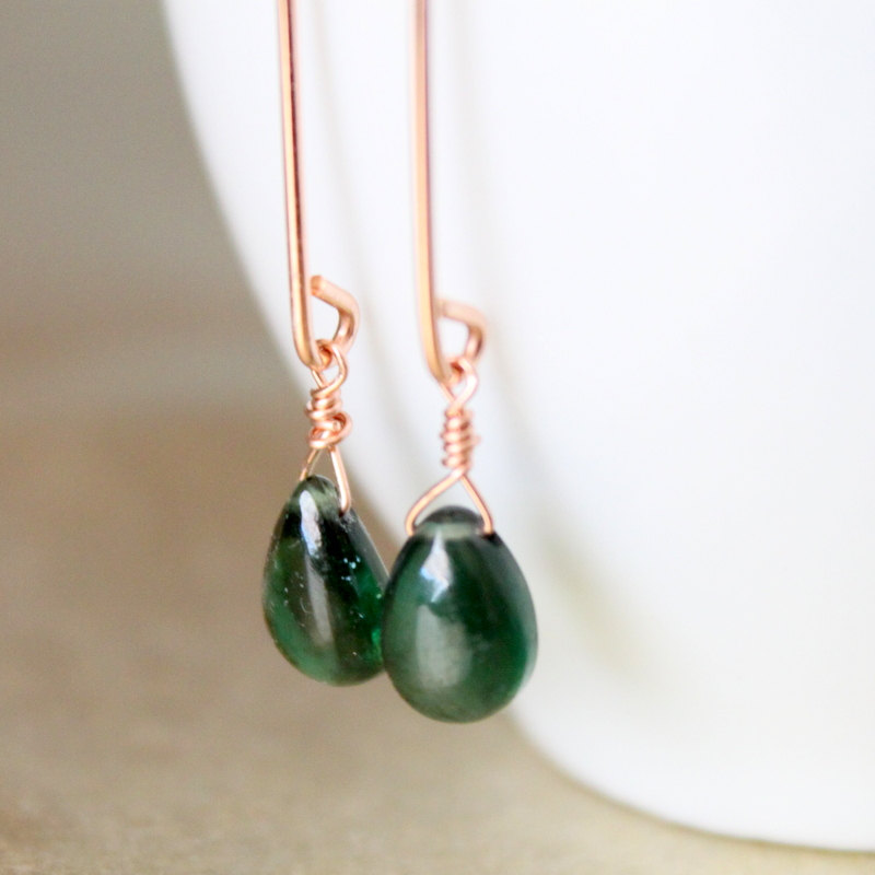 Green Chrome Diopside Rose Gold Earrings Long Marquise Wire