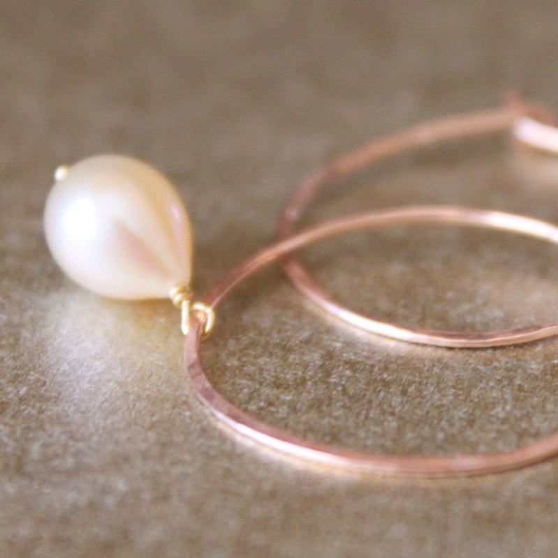 Drops--hammered Rose Gold Fill And Pink Pearl Hoop Earrings