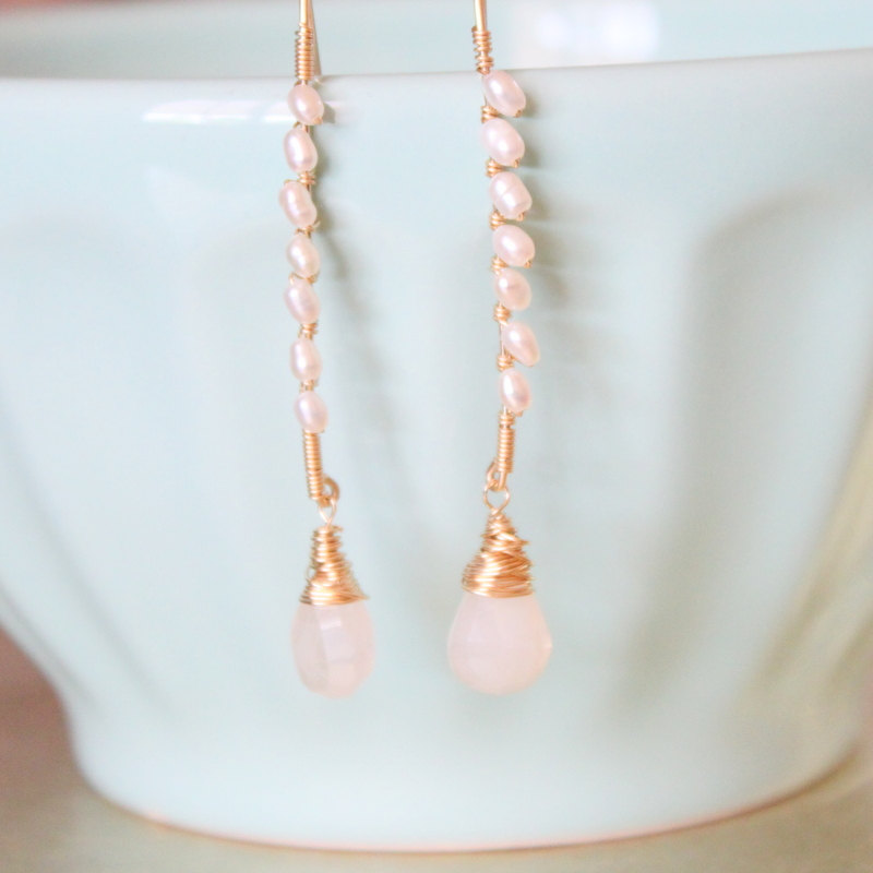 White Seed Pearls And Pearlescent Chalcedony Gold Earrings