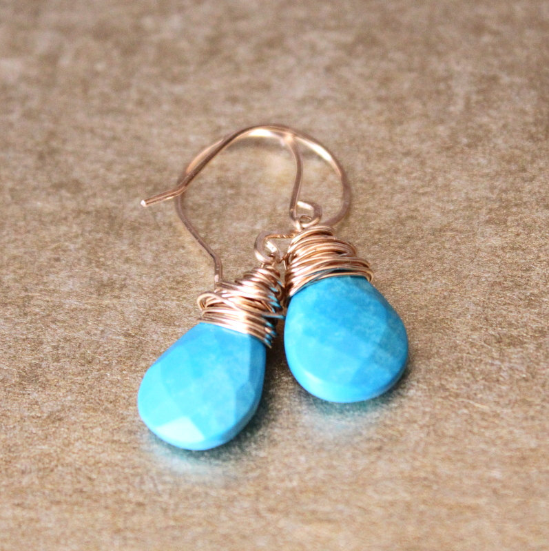 Sleeping Beauty Turquoise Earrings Wirewrapped Gold Fill Wire Handmade