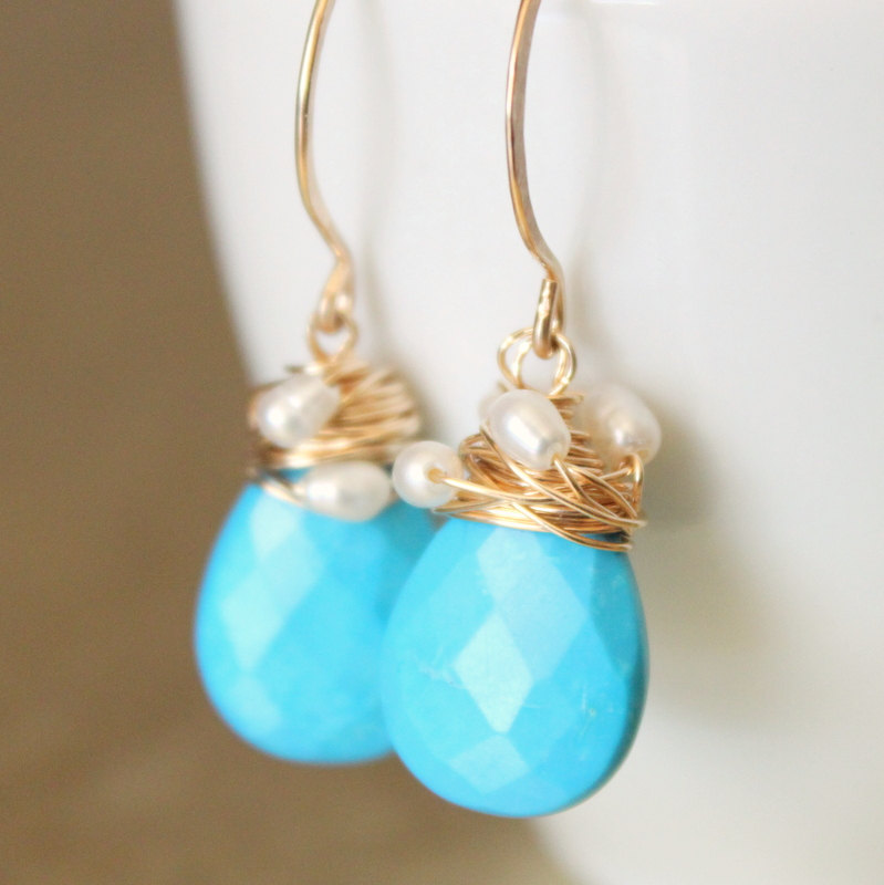 Sleeping Beauty Turquoise Rice Pearl Earrings Wirewrapped Gold Fill Wire Handmade Earwires