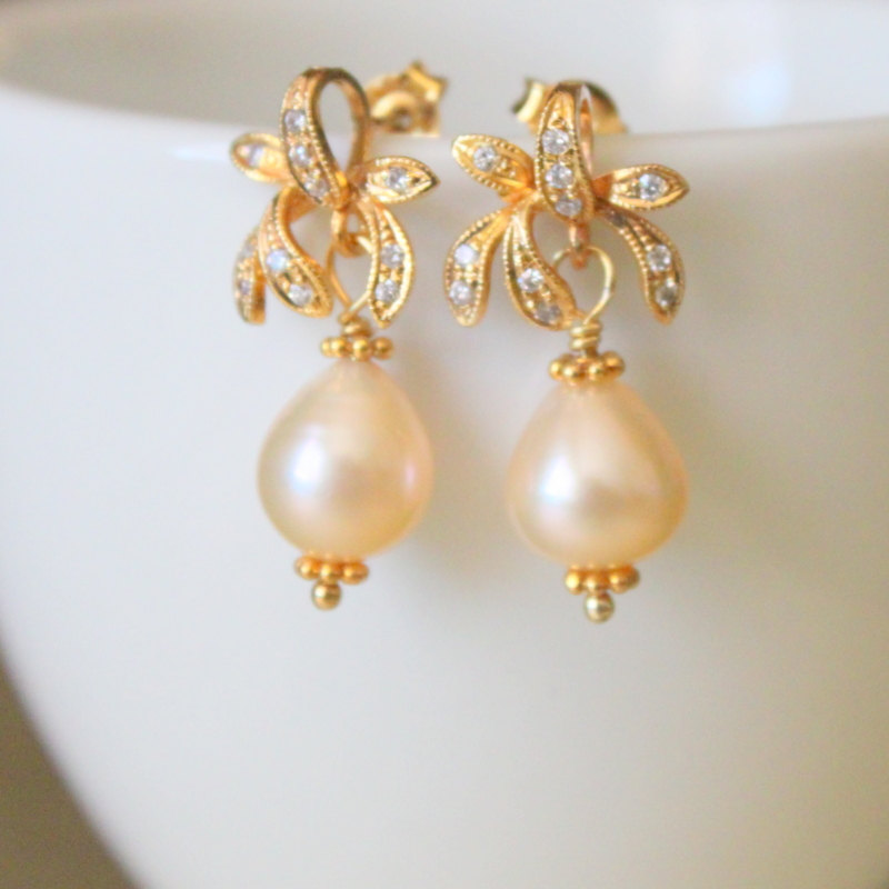 Fleur--pink Teardrop Pearls And Gold Vermeil Rhinestone Earrings