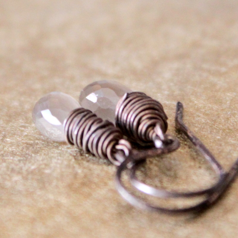 Gray Moonstone Earrings Antique Patina Sterling Silver Wirewrapped