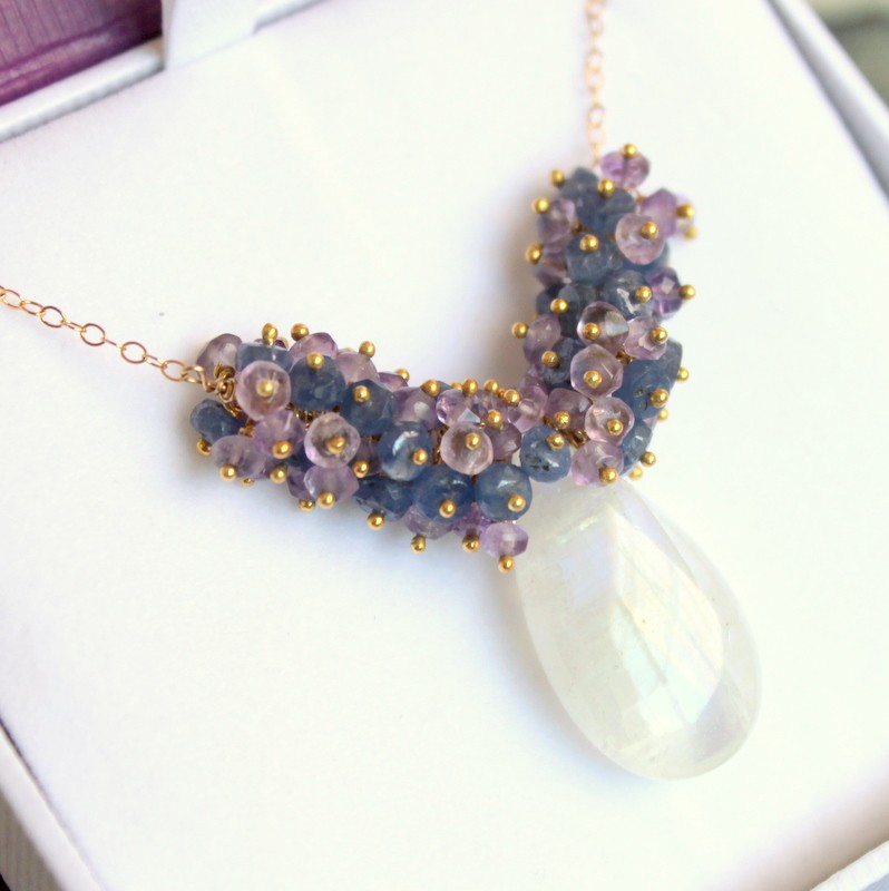 Lilac Tree--amethyst And Sapphire Rondelles With Rainbow Moonstone Gold Fill Necklace