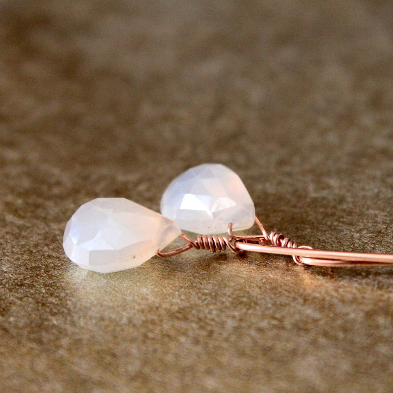 Pearl Chalcedony Rose Gold Earrings Long Marquise Wire