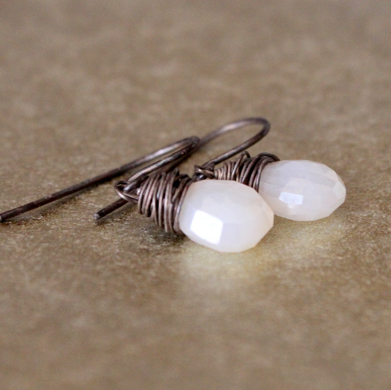 Pearl Chalcedony Earrings Antique Patina Sterling Silver Wirewrapped