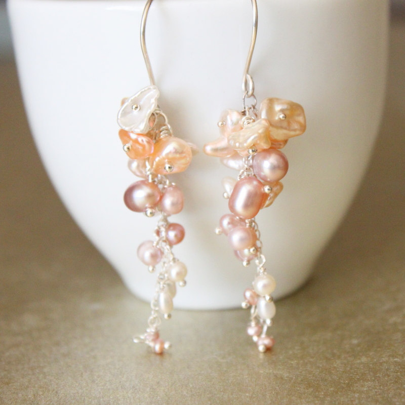 Elizabeth--pink And Cream Freshwater Pearl Gold Fill Dangle Earrings